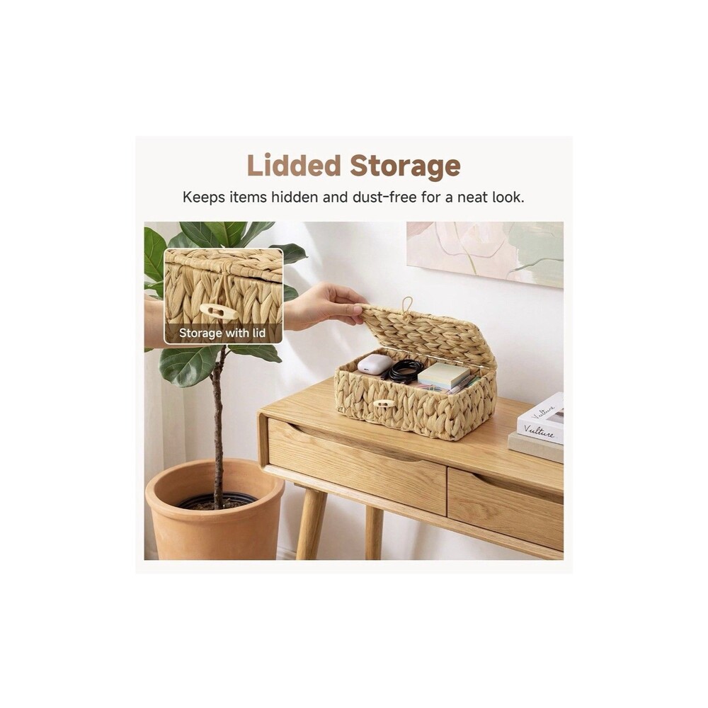 Extra Small Wicker Storage Basket with Lid Hyacinth Woven Shelf Organizer Basket - Picture 4 of 5